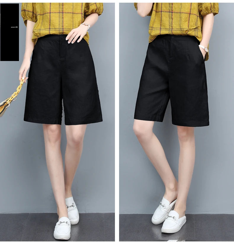 High Waist COTTON Linen Women's Shorts Loose Casual Solid Women's Summer Shorts Basic Black Coffee Semi-elasticated Waist Shorts