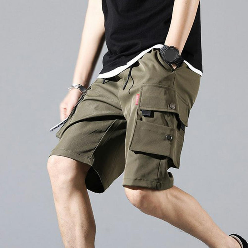 Men Summer Shorts Elastic Waistband Drawstring Shorts Multi Pockets Straight Wide Leg Mid-rise Sport Cargo Shorts Streetwear