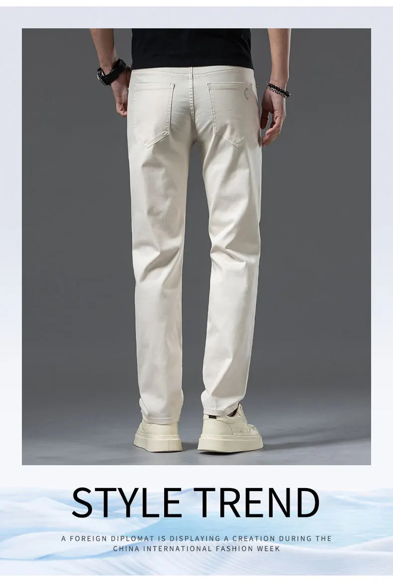 New Fashion Brand Jeans Men's Khaki White Straight Denim Medium Waist Fashion Stretch Casual Cotton Denim Pants