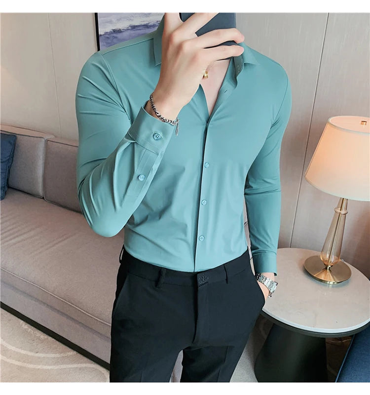 Plus Size 4XL-M High Elasticity Seamless Shirts Men Long Sleeve Top Quality Slim Casual Luxury Shirt Social Formal Dress Shirts