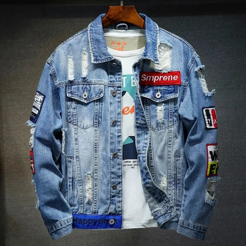 Men Brand Denim Jacket Streetwear Punk Motorcycle Ripped Print Cowboy Coats High Quality Casual Hole Loose Male Jeans Outwear