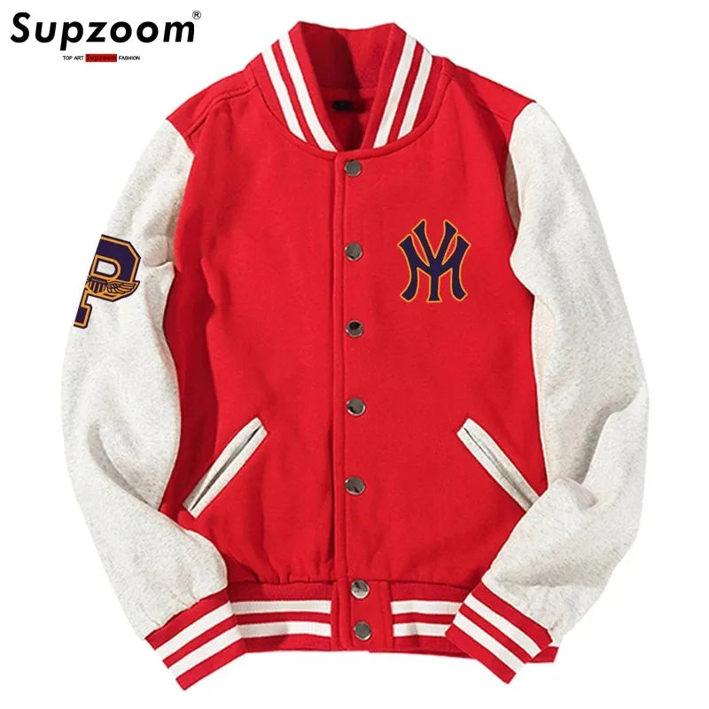 Supzoom New Arrival Letter Rib Sleeve Cotton Top Fashion Logo Single Breasted Casual Print Baseball Jacket Loose Cardigan Coat