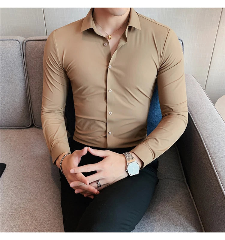 Plus Size 4XL-M High Elasticity Seamless Shirts Men Long Sleeve Top Quality Slim Casual Luxury Shirt Social Formal Dress Shirts