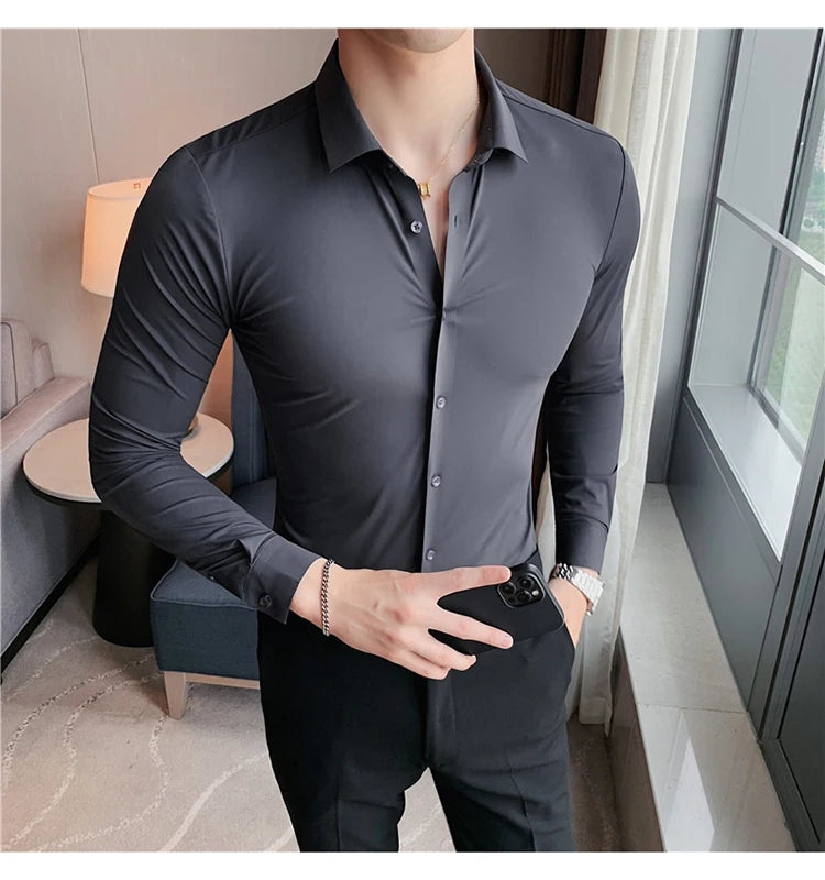 Plus Size 4XL-M High Elasticity Seamless Shirts Men Long Sleeve Top Quality Slim Casual Luxury Shirt Social Formal Dress Shirts