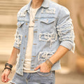 Stylish Street Style Men Distressed Splicing Slim Denim Jacket Ripped Patch Male Casual Jean Jacket Coat