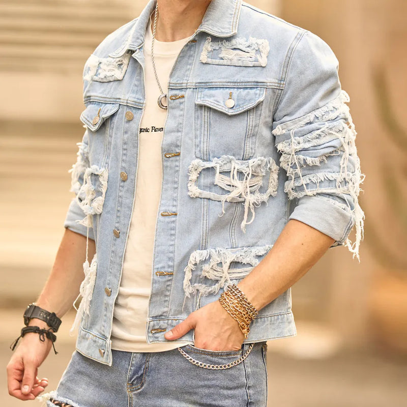 Stylish Street Style Men Distressed Splicing Slim Denim Jacket Ripped Patch Male Casual Jean Jacket Coat