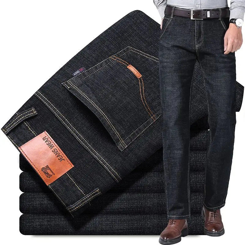 New men's blue and black elastic business wrinkle resistant and wear-resistant jeans straight tube multifunctional denim pants