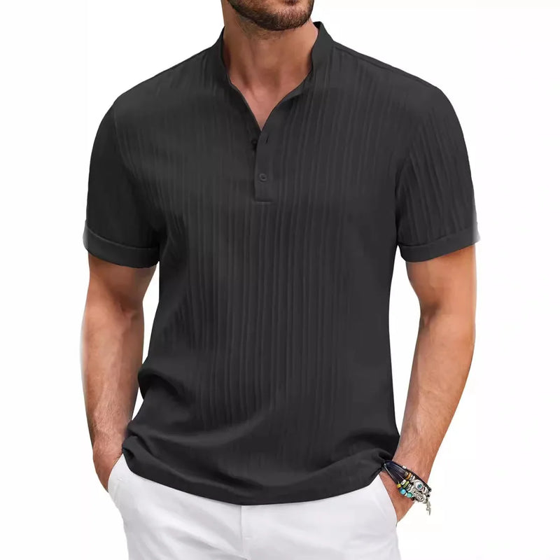 New High-end Embroidered Cotton and Linen Striped Henry Shirt for Men's Summer Casual Fashion Comfortable Breathable T-shirt Top