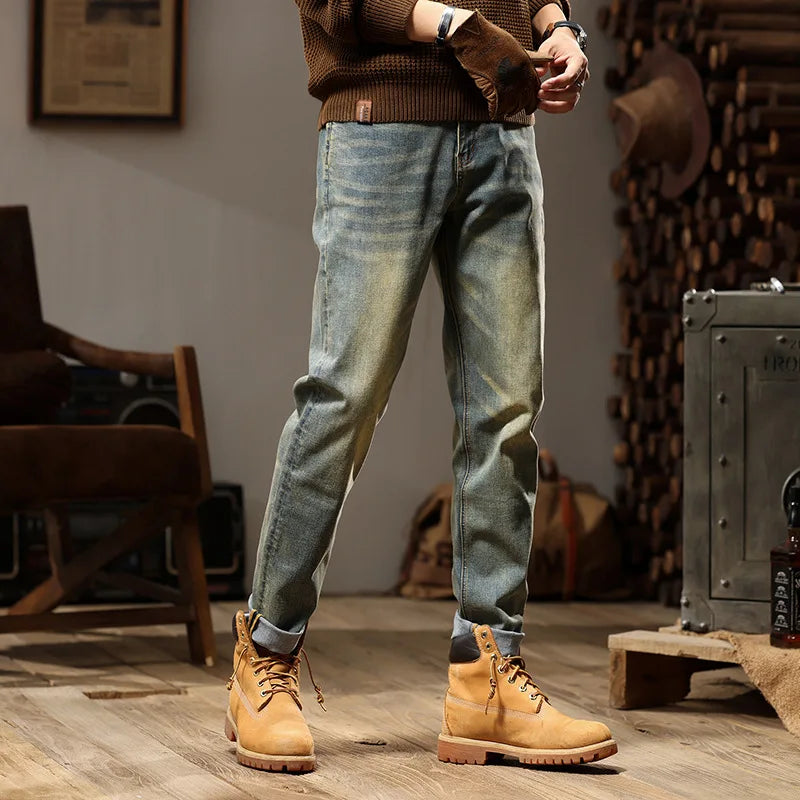 Spring Autumn Men's Jeans Men's Stretchy Calf Pants Trendy Harlem Pants Loose Plus Size Long Pants Retro jeans 46 44