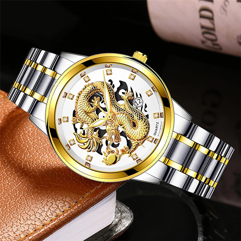 Men's Fashion Business Quartz Watch Fashion Men's Watch Stainless Steel Belt Men's Watches Golden Dragon  Часы Женские Наручные