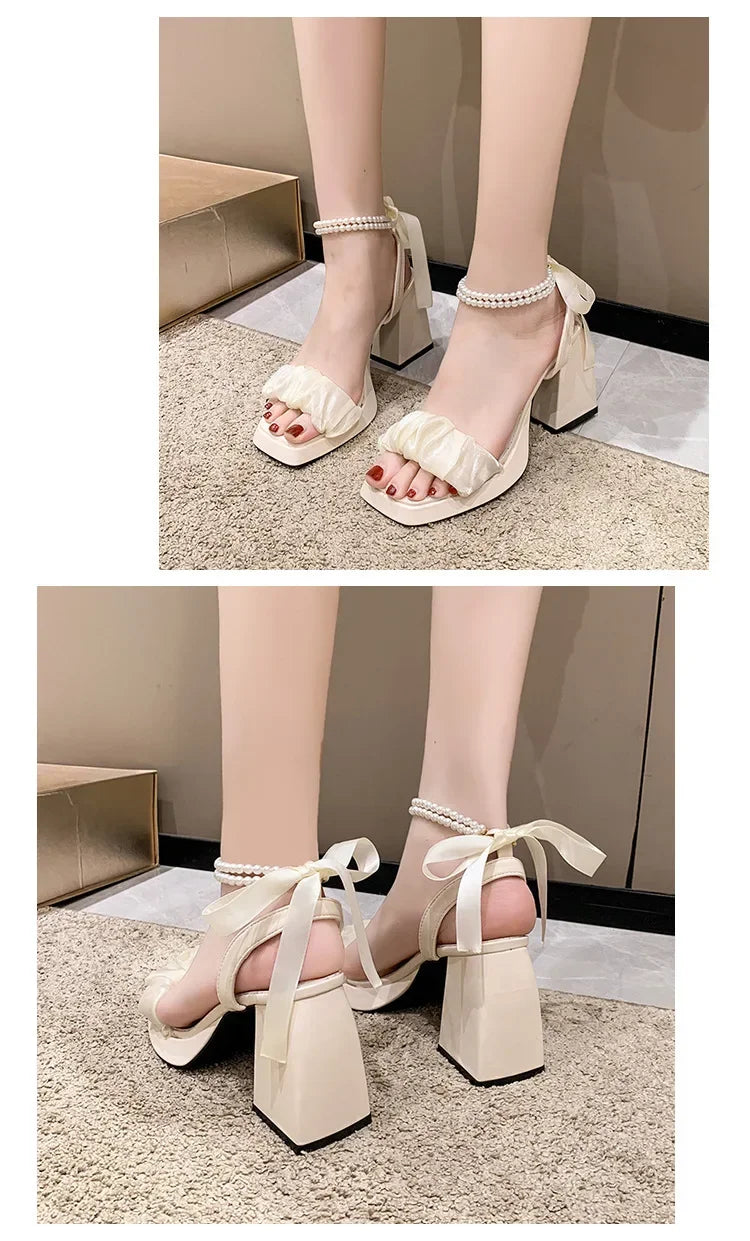 Shoes for Women Pearl Sandals Suit Female Beige Increasing Height Block Heels All-Match Black Bow 2024 Fashion Chunky Sandals