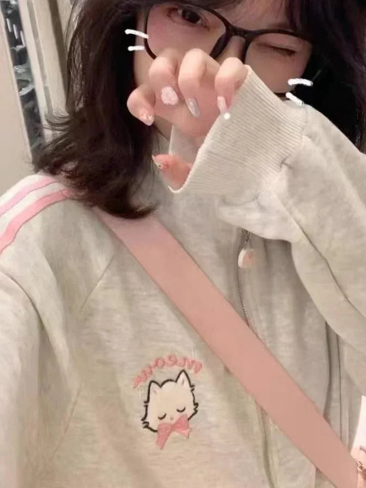 Hoodie com zíper Houzhou-Kawaii feminino, bordado gato rosa, moletom com capuz extragrande, moda japonesa, Harajuku fofo, inverno, 2023