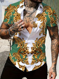 Retro men's short sleeved shirt with luxurious gold Baroque chain pattern suitable for summer banquet street wear