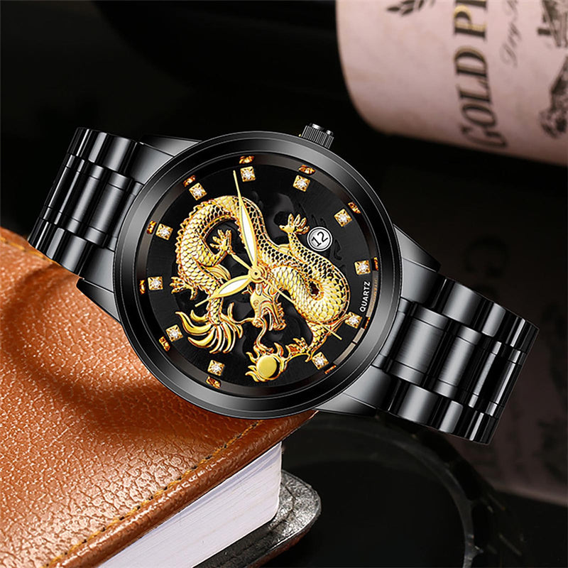 Men's Fashion Business Quartz Watch Fashion Men's Watch Stainless Steel Belt Men's Watches Golden Dragon  Часы Женские Наручные