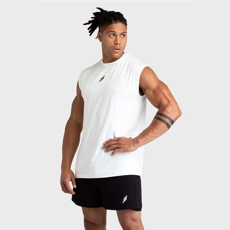 Camisas de algodão sem mangas soltas masculinas, camiseta esportiva respirável, regata masculina