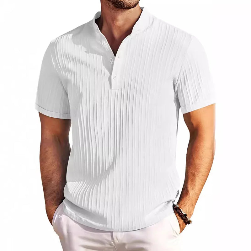 New High-end Embroidered Cotton and Linen Striped Henry Shirt for Men's Summer Casual Fashion Comfortable Breathable T-shirt Top