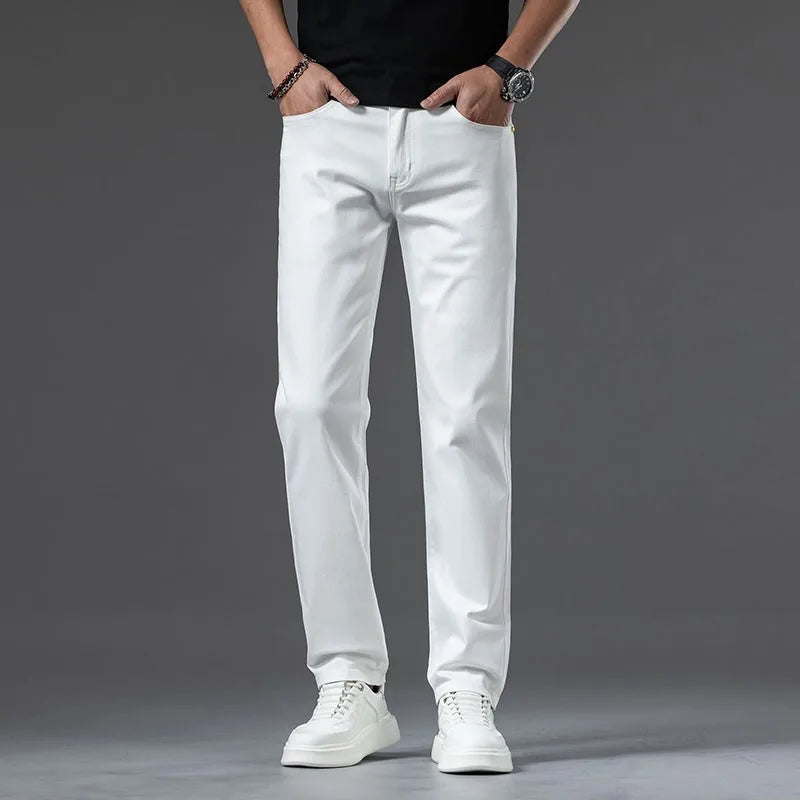 New Fashion Brand Jeans Men's Khaki White Straight Denim Medium Waist Fashion Stretch Casual Cotton Denim Pants