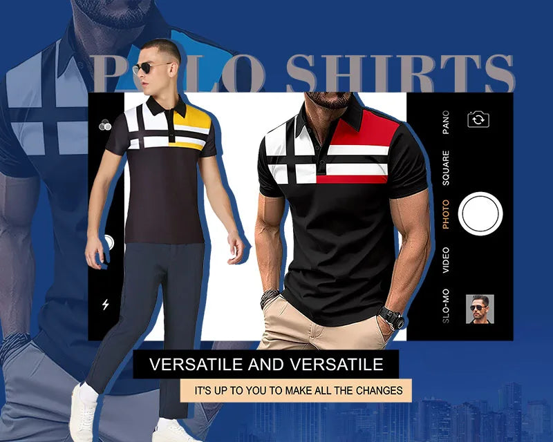 Summer men's short sleeved polo shirt, business office lapel shirt, men's sports and leisure fashionable stripe T-shirt top