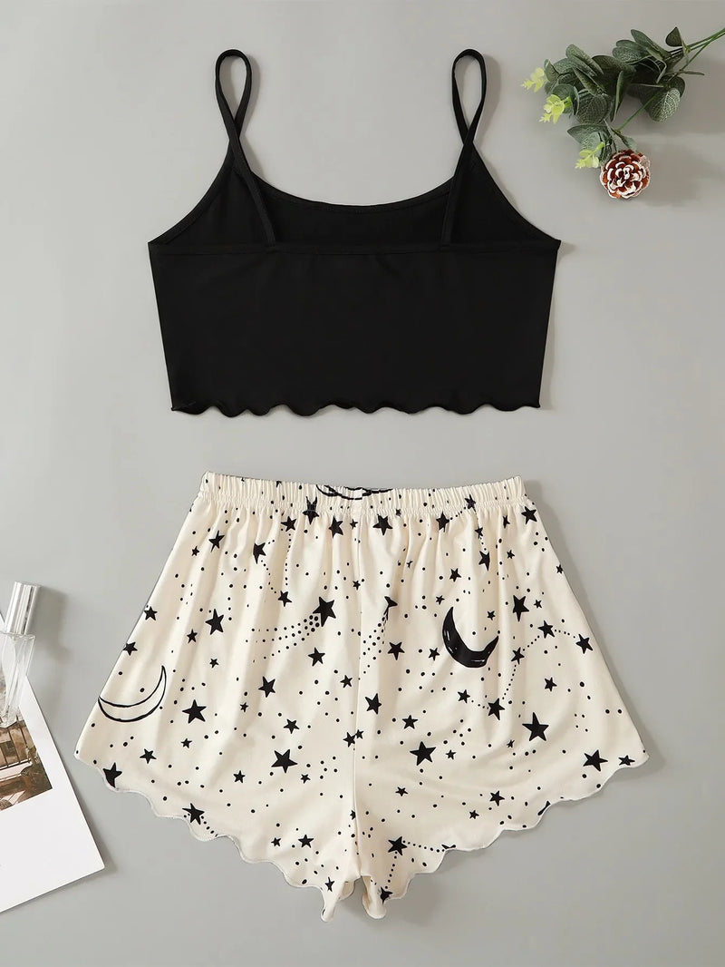 Summer Moon Stars Letter Printed Pajama Set Women Sexy Lingerie Sleeveless Crop Tops with Shorts Pyjamas Sets Suit Sleepwear