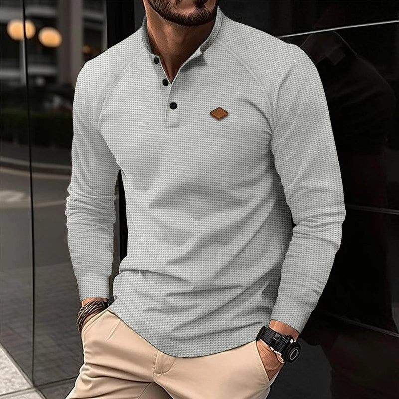 Spring And Fall Best-Selling Men's Long-Sleeved Waffle Henry Shirt, With LOGO, Stand Collar Button, Street Mature Men's Style