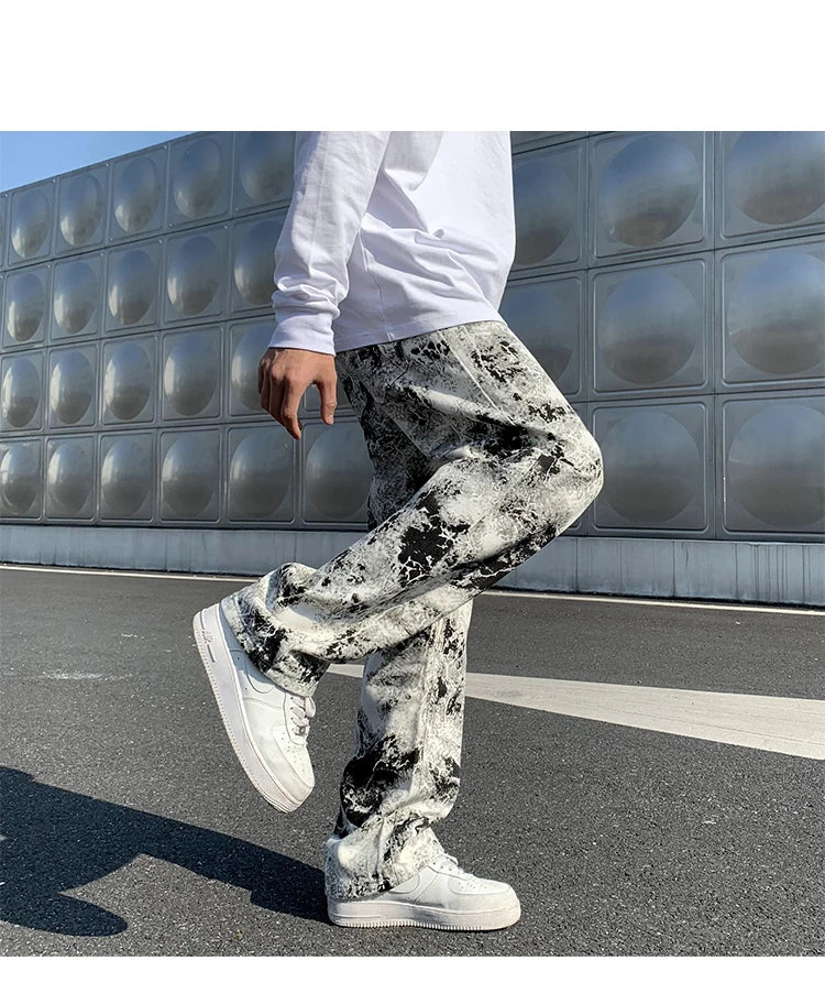 Mens Jean Fashion Printed jeans Spring 2024 Mopping Trousers Jeans Korean Style High Street Loose Hip Hop Wide-leg Jean Pants