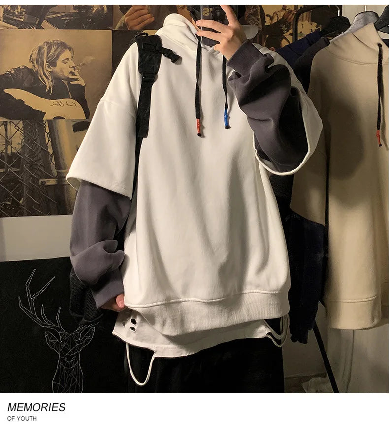 Hooded Sweatshirts Patchwork Fake Two Piece Pullover Top Student Oversized Hooded Korean Fashion High Street Hip Hop Men Clothes