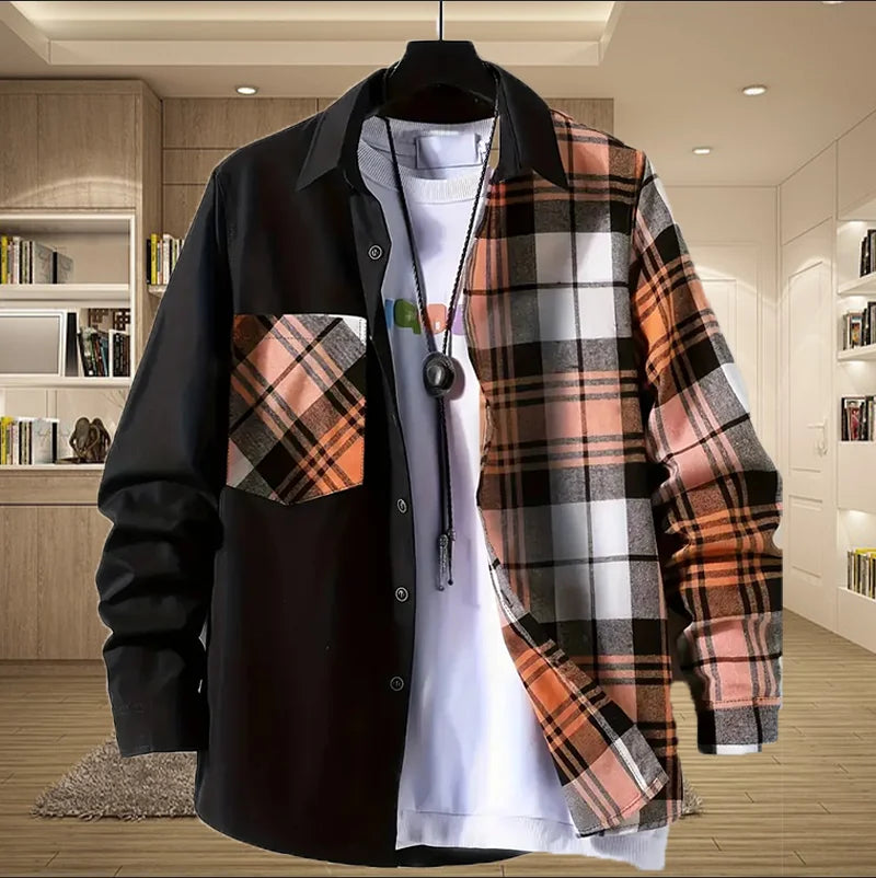 Men's spring and autumn new casual daily long-sleeved shirt single-breasted fashion comfortable patchwork plaid slim cardigan