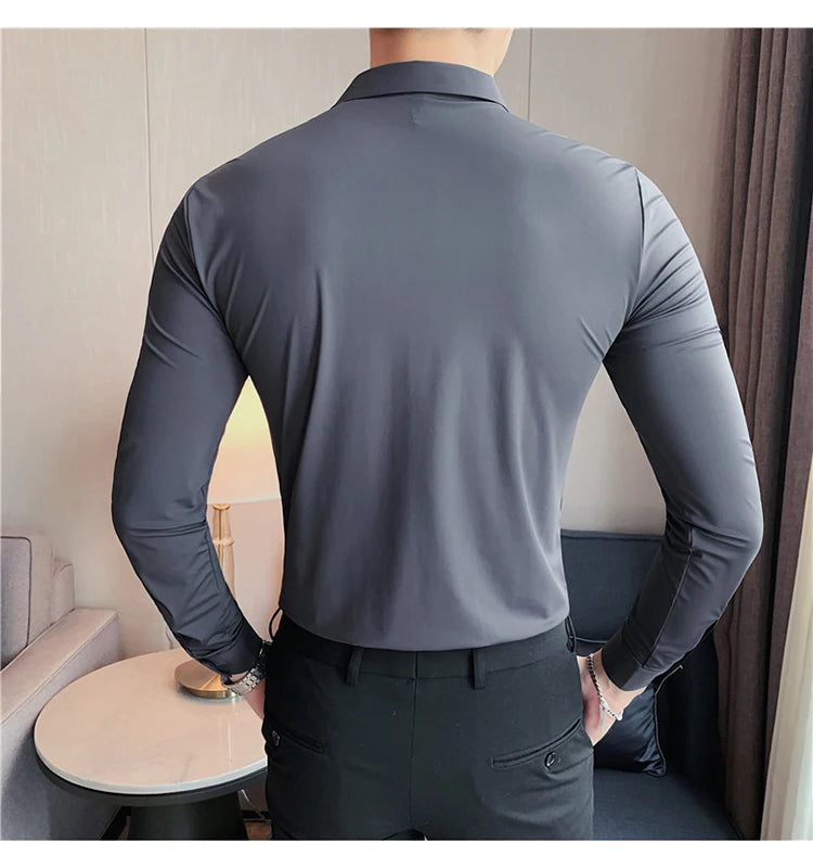 Plus Size 4XL-M High Elasticity Seamless Shirts Men Long Sleeve Top Quality Slim Casual Luxury Shirt Social Formal Dress Shirts