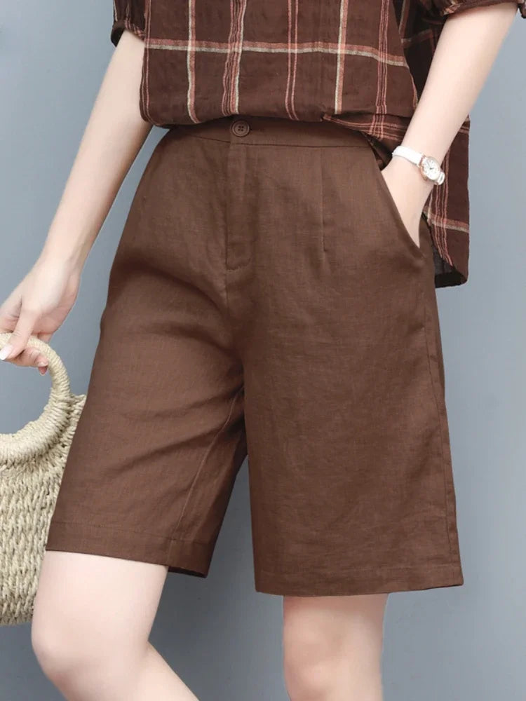 High Waist COTTON Linen Women's Shorts Loose Casual Solid Women's Summer Shorts Basic Black Coffee Semi-elasticated Waist Shorts