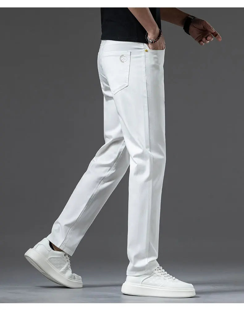 New Fashion Brand Jeans Men's Khaki White Straight Denim Medium Waist Fashion Stretch Casual Cotton Denim Pants