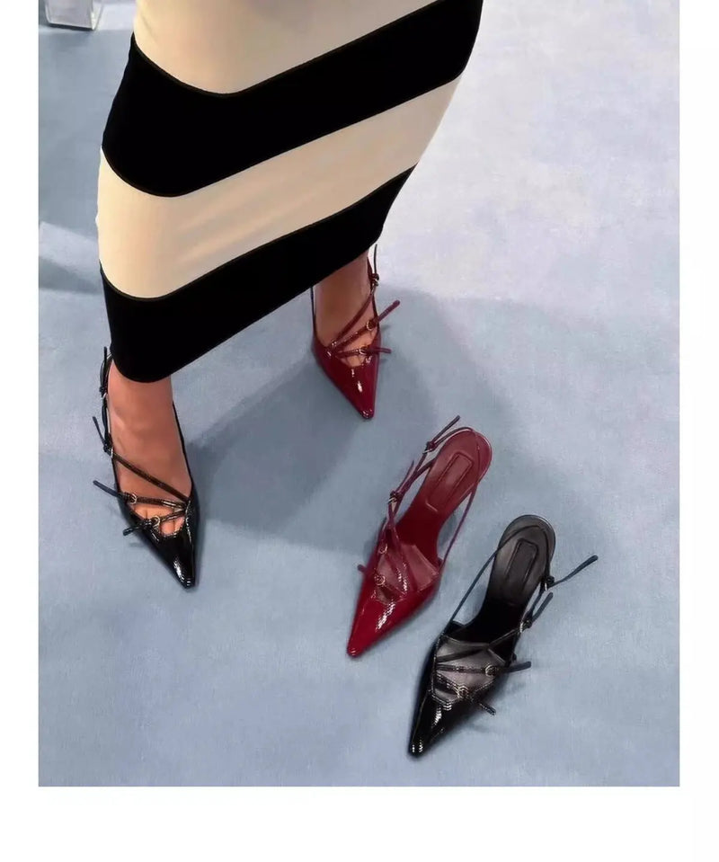 Women Sandals 2024 Sexy Slingbacks Narrow Band Buckle Strap Pumps Women Pointed Toe Thin Heels Wedding Party Sandals Mule Shoes