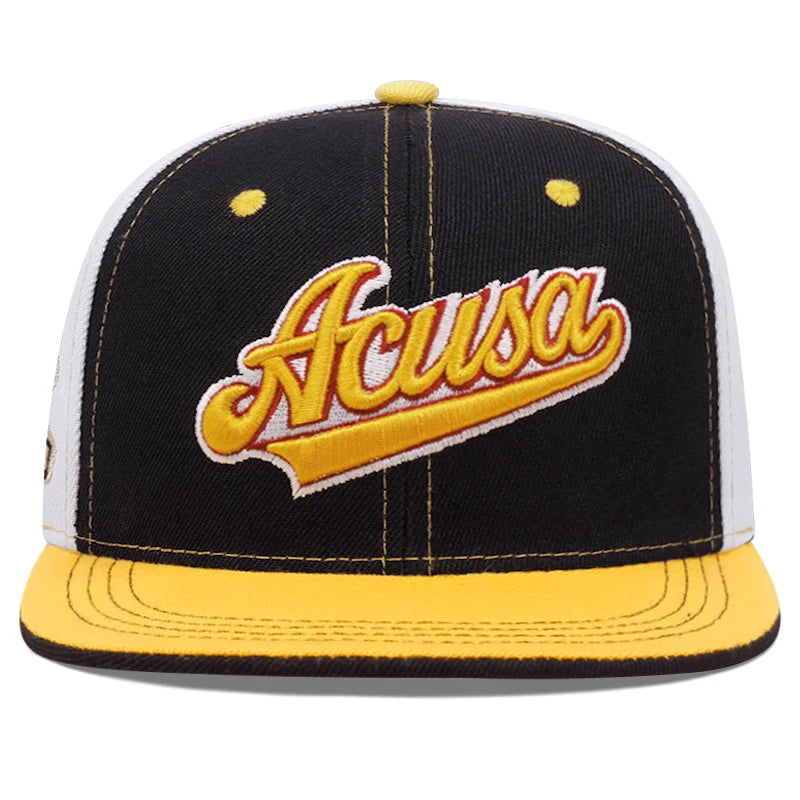 Novo boné Acusa Snapback bordado com blocos de cores Hip Hop Fashion Outdoor ajustável para homens e mulheres Chapéu de beisebol com proteção solar