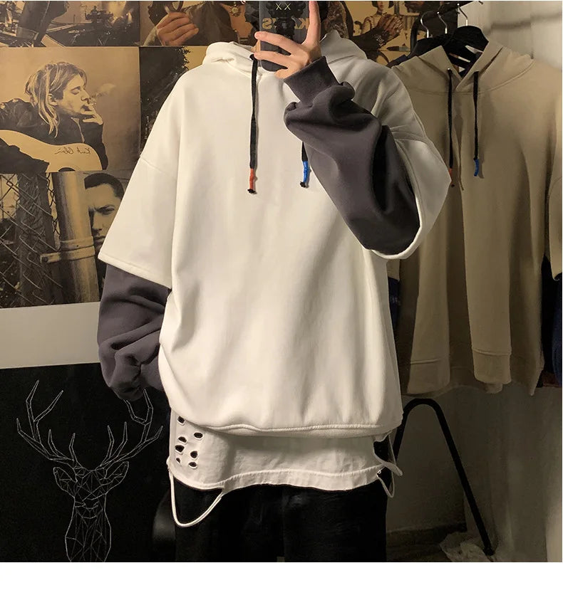 Hooded Sweatshirts Patchwork Fake Two Piece Pullover Top Student Oversized Hooded Korean Fashion High Street Hip Hop Men Clothes