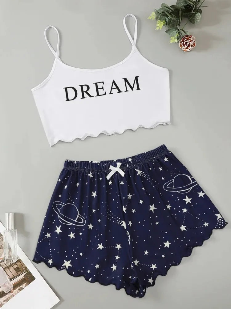 Summer Moon Stars Letter Printed Pajama Set Women Sexy Lingerie Sleeveless Crop Tops with Shorts Pyjamas Sets Suit Sleepwear