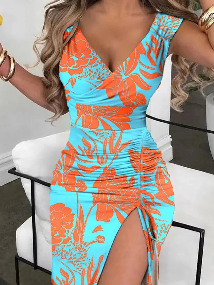 Women Elegant Spring High Split Party Dress 2022 Office Lady V Neck Slim Mid Dress Femme Sleeveless Summer Casual Dress Vestidos