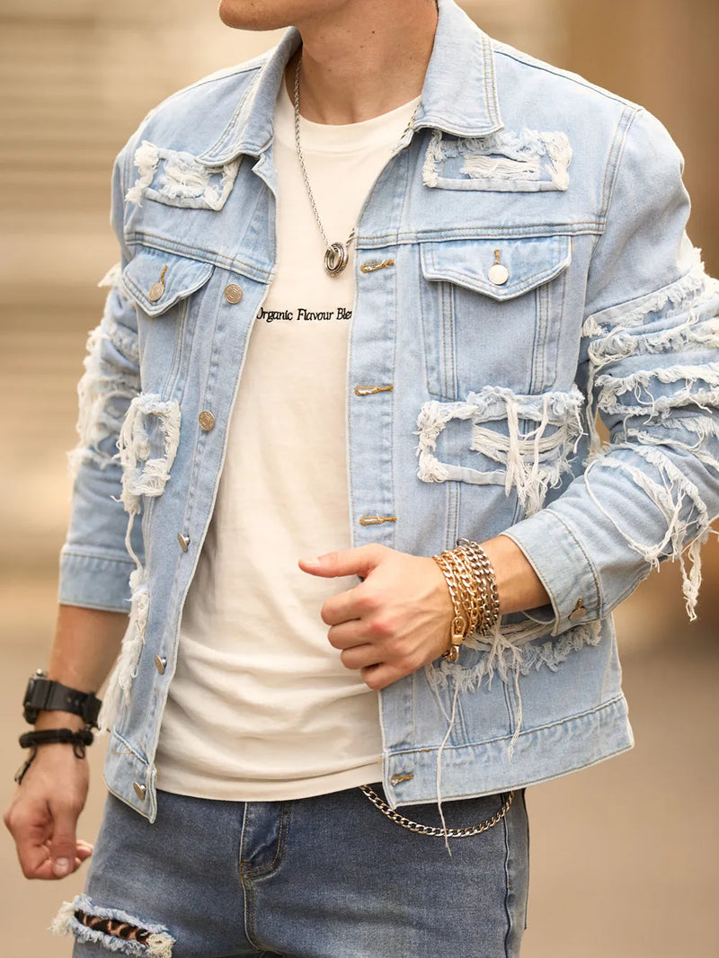 Stylish Street Style Men Distressed Splicing Slim Denim Jacket Ripped Patch Male Casual Jean Jacket Coat