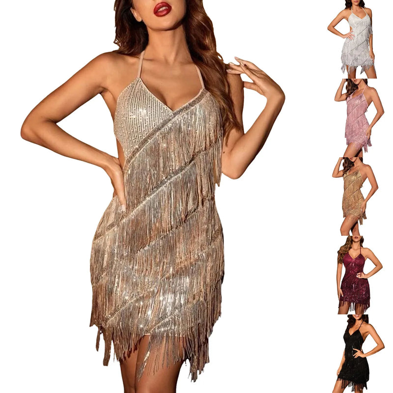 Women Sequin Fringe Mini Dress Sling Tassel Hem Sparkly Spaghetti Strap Backless Bodycon Elegant Cocktail Party Short Dress Y2K