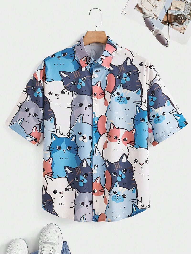 Unisex Fashion Men's Cute Cat Print Casual Daily Wear 3D Printing Short Sleeve Shirt Fashion Hawaiian Shirts For Men Harajuku