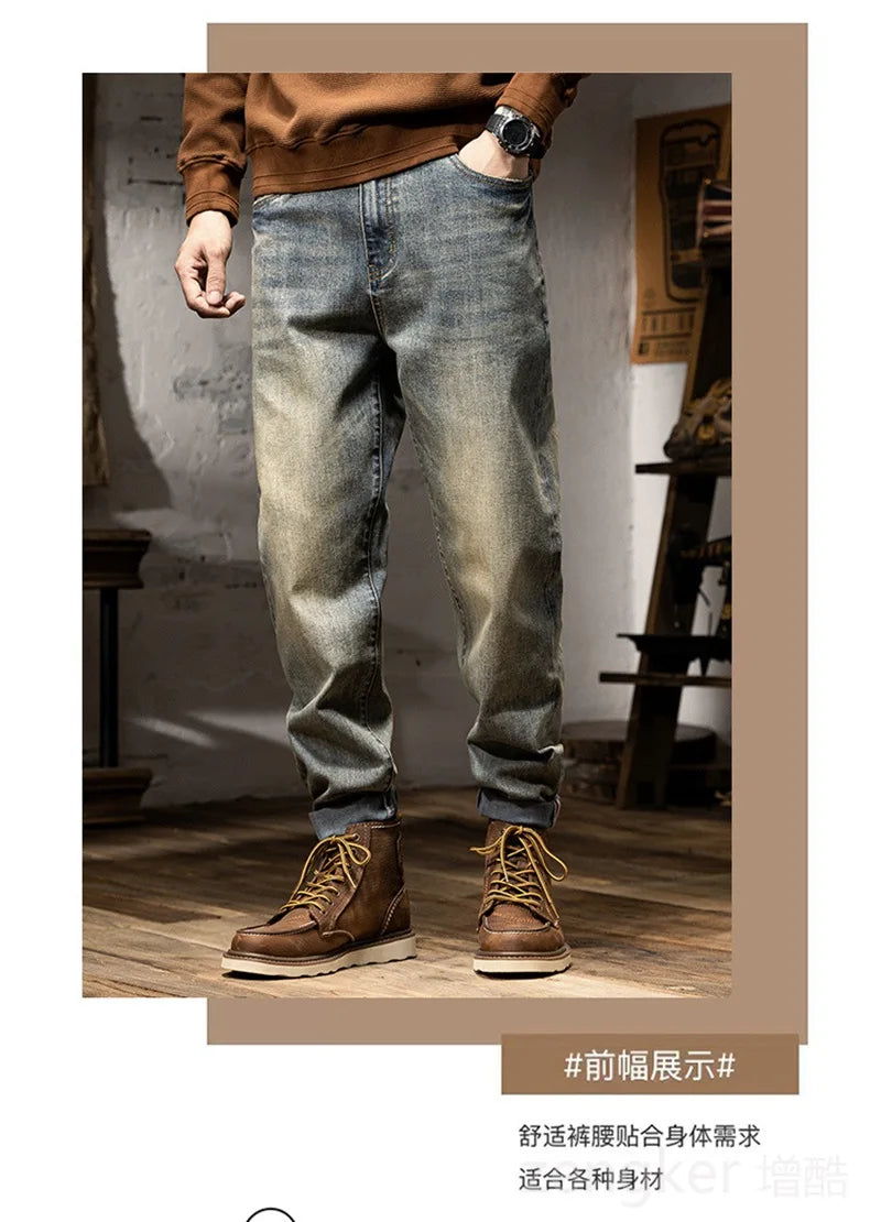 Spring Autumn Men's Jeans Men's Stretchy Calf Pants Trendy Harlem Pants Loose Plus Size Long Pants Retro jeans 46 44