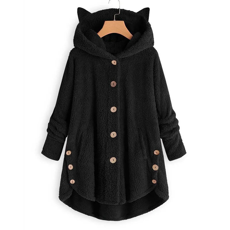 Casaco de penas monocromático feminino, botão Parkas com capuz, blusa de pelúcia de gato, jaqueta irregular, monocromática, pele, inverno