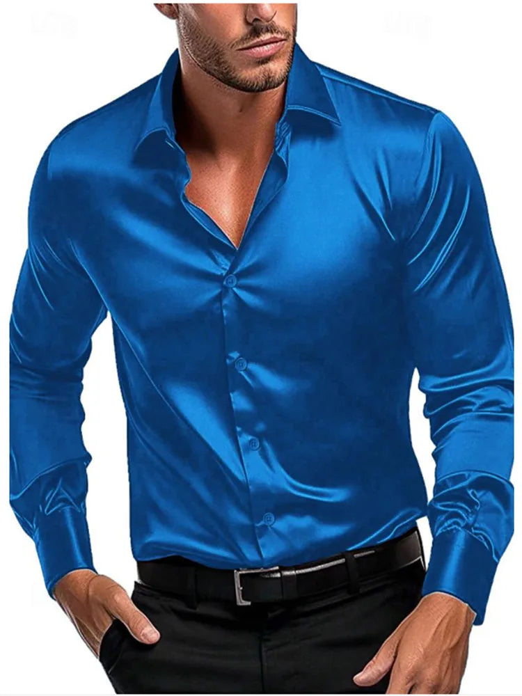 Spring and Autumn Fashion British long sleeve shirt Men's solid color lapel long sleeve top Party wedding Shirt