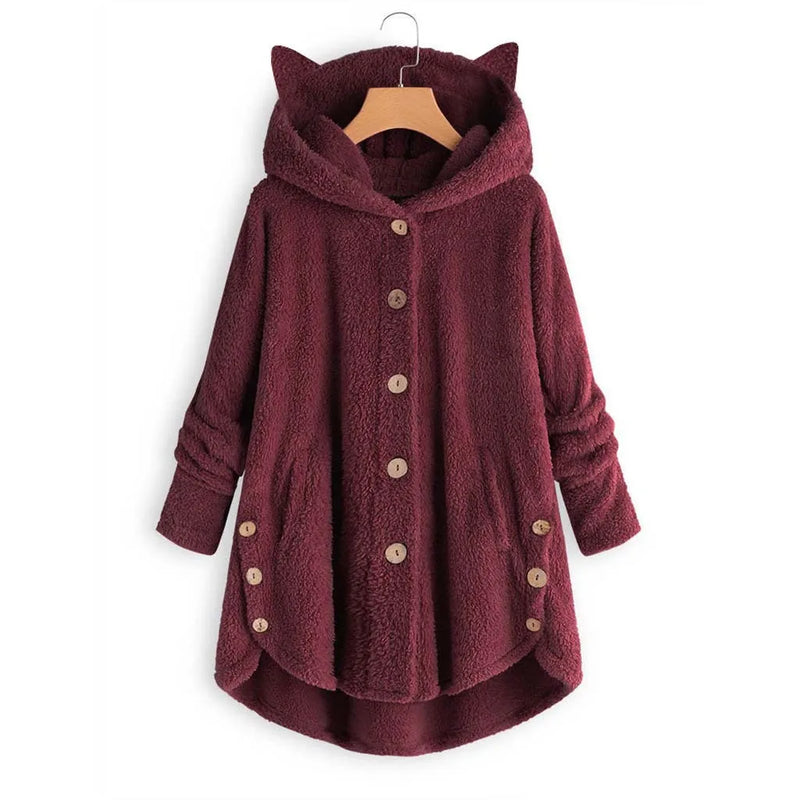 Casaco de penas monocromático feminino, botão Parkas com capuz, blusa de pelúcia de gato, jaqueta irregular, monocromática, pele, inverno