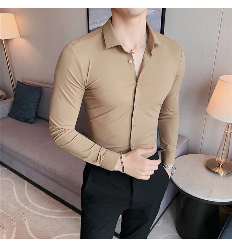 Plus Size 4XL-M High Elasticity Seamless Shirts Men Long Sleeve Top Quality Slim Casual Luxury Shirt Social Formal Dress Shirts