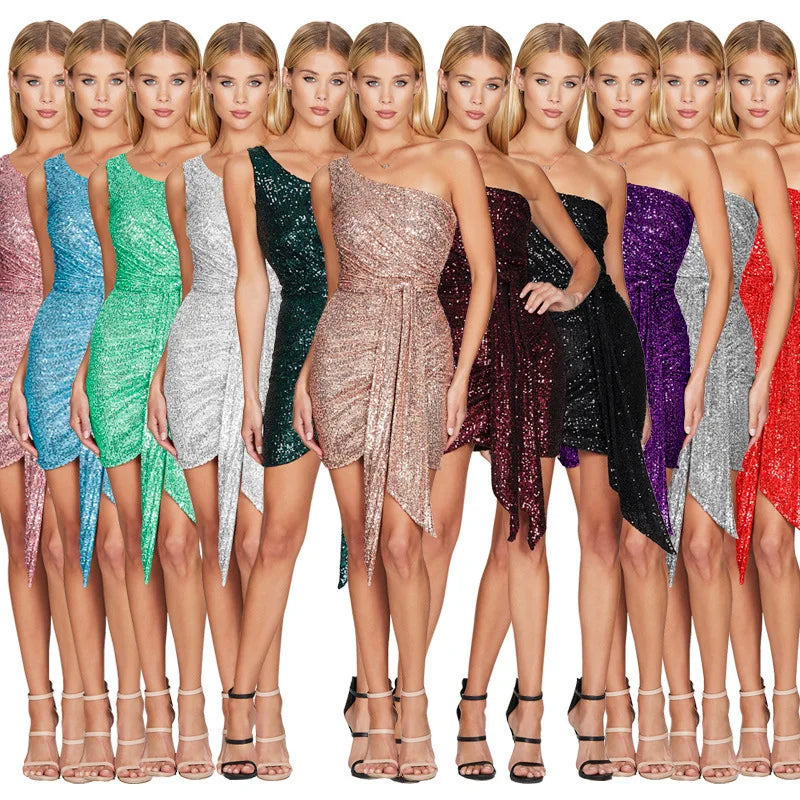 Sexy Sequin Evening Dress Elegant Women One Shoulder Sleeveless Asymmetrical Draped Party Prom Dresses Backless Short Gown