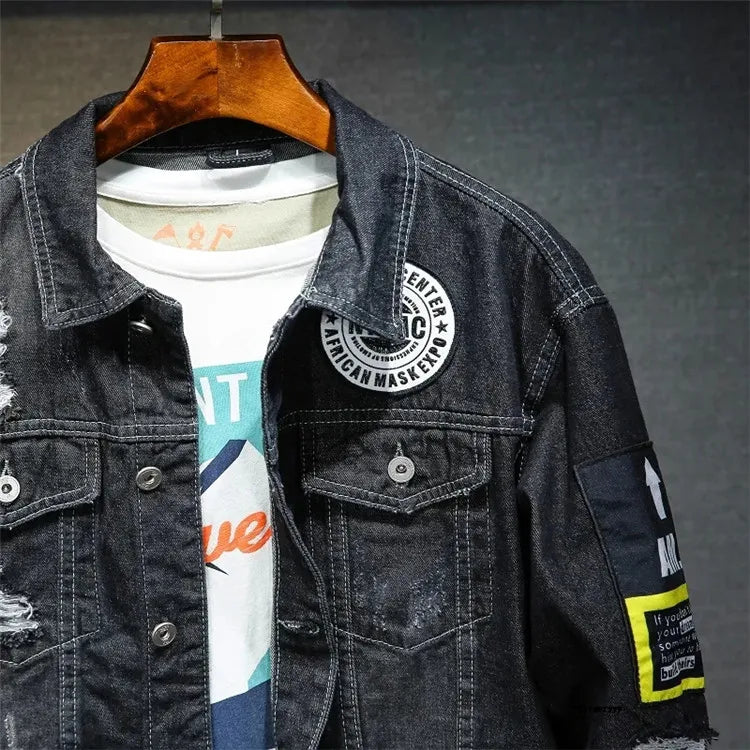 Men Brand Denim Jacket Streetwear Punk Motorcycle Ripped Print Cowboy Coats High Quality Casual Hole Loose Male Jeans Outwear