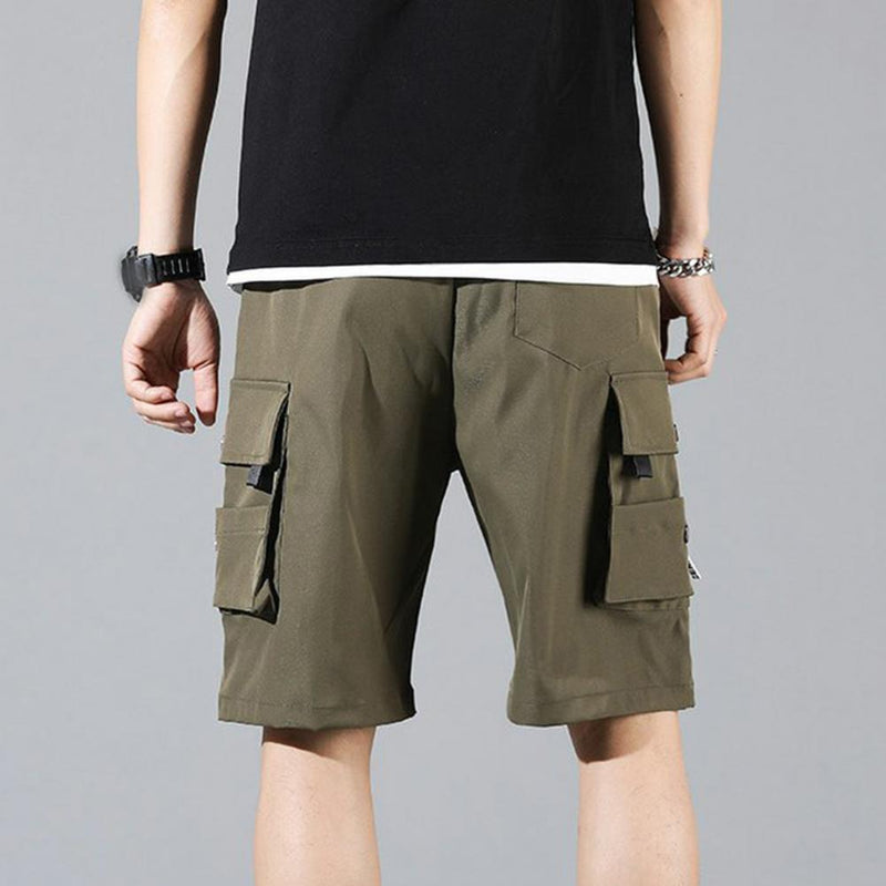 Men Summer Shorts Elastic Waistband Drawstring Shorts Multi Pockets Straight Wide Leg Mid-rise Sport Cargo Shorts Streetwear