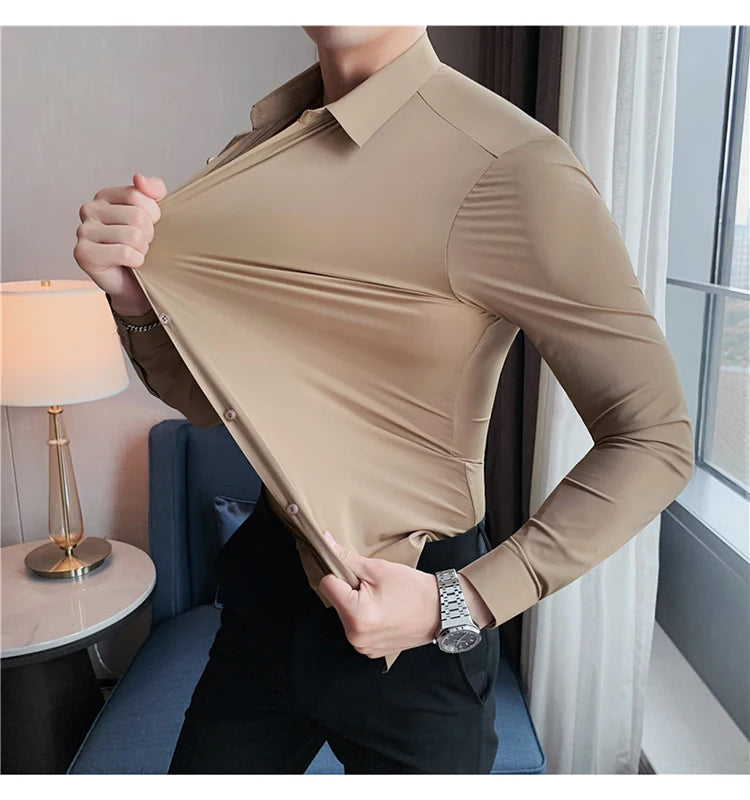 Plus Size 4XL-M High Elasticity Seamless Shirts Men Long Sleeve Top Quality Slim Casual Luxury Shirt Social Formal Dress Shirts