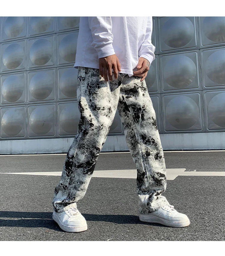 Mens Jean Fashion Printed jeans Spring 2024 Mopping Trousers Jeans Korean Style High Street Loose Hip Hop Wide-leg Jean Pants