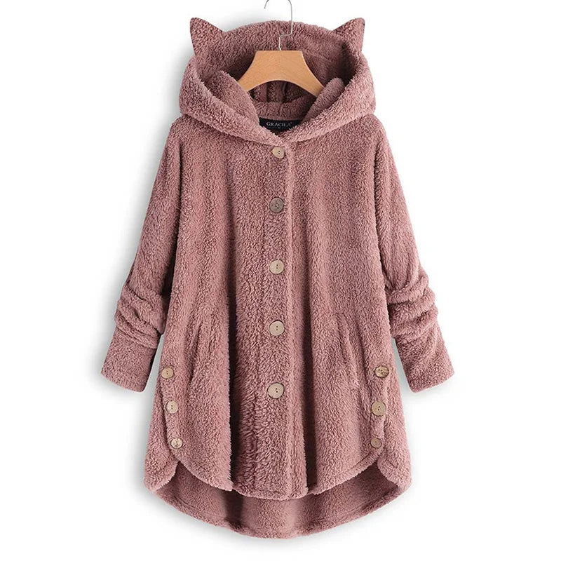 Casaco de penas monocromático feminino, botão Parkas com capuz, blusa de pelúcia de gato, jaqueta irregular, monocromática, pele, inverno