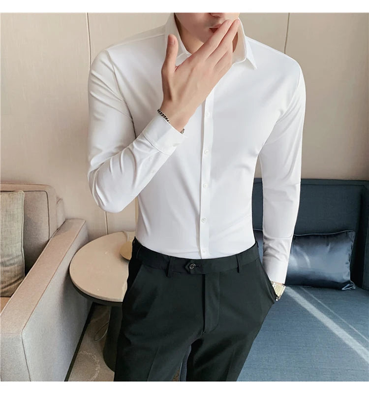 Plus Size 4XL-M High Elasticity Seamless Shirts Men Long Sleeve Top Quality Slim Casual Luxury Shirt Social Formal Dress Shirts